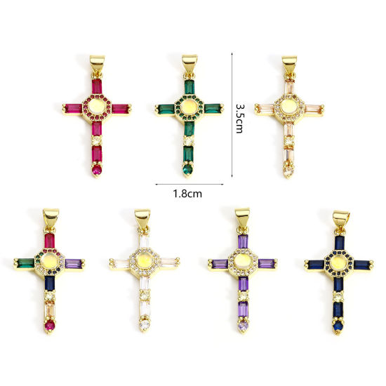 Immagine di 1 Pz Ottone Religione Ciondoli Croce 18K Vero Oro Placcato Micro Spianare Multicolore Cubic Zirconiae 3.5cm x 1.8cm
