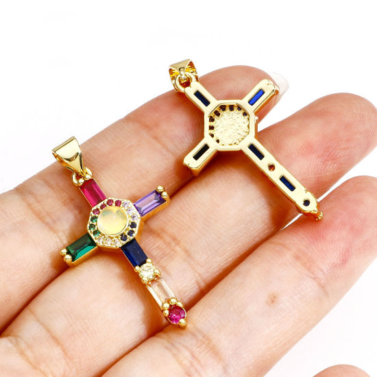 Immagine di 1 Pz Ottone Religione Ciondoli Croce 18K Vero Oro Placcato Micro Spianare Multicolore Cubic Zirconiae 3.5cm x 1.8cm