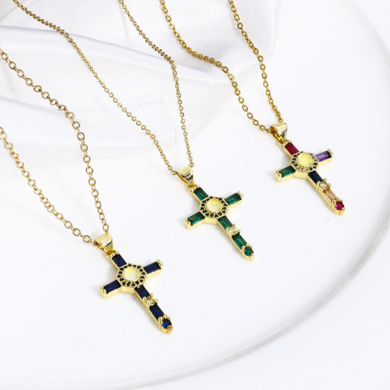 Immagine di 1 Pz Ottone Religione Ciondoli Croce 18K Vero Oro Placcato Micro Spianare Multicolore Cubic Zirconiae 3.5cm x 1.8cm