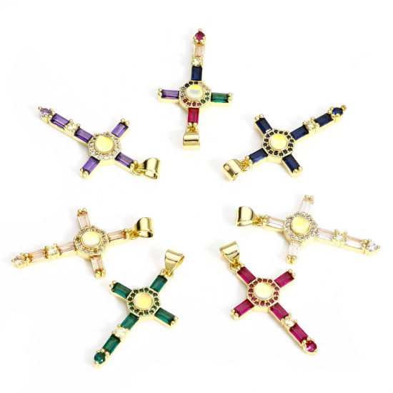 Immagine di 1 Pz Ottone Religione Ciondoli Croce 18K Vero Oro Placcato Micro Spianare Multicolore Cubic Zirconiae 3.5cm x 1.8cm