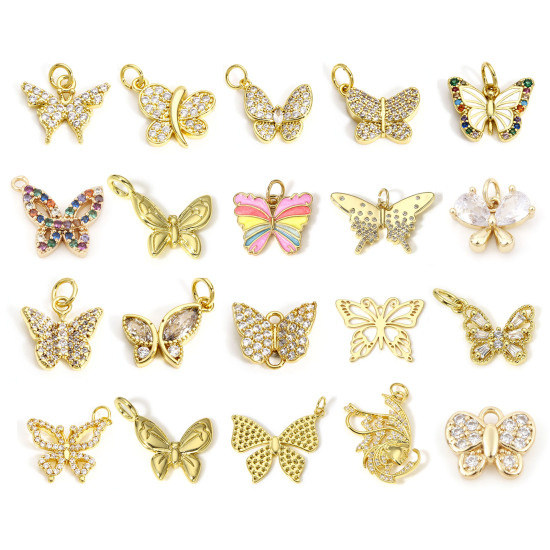 Immagine di 1 Pz Ottone Insetto Charms Farfalla 18K Vero Oro Placcato Micro Spianare Trasparente Cubic Zirconiae