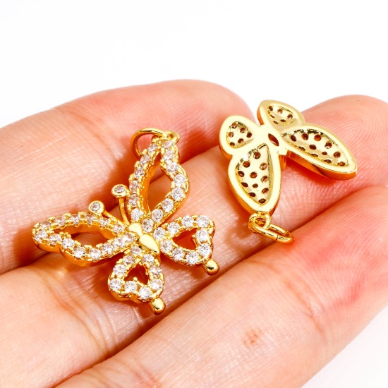 Immagine di 1 Pz Ottone Insetto Charms Farfalla 18K Vero Oro Placcato Micro Spianare Trasparente Cubic Zirconiae