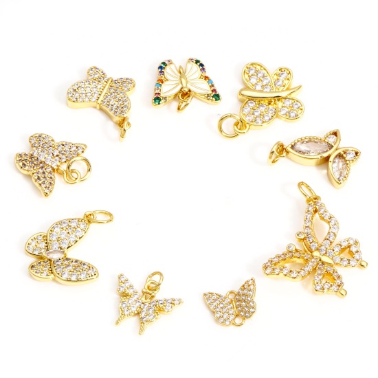 Immagine di 1 Pz Ottone Insetto Charms Farfalla 18K Vero Oro Placcato Micro Spianare Trasparente Cubic Zirconiae