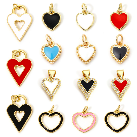 Picture of Brass Valentine's Day Charm Pendant 18K Real Gold Plated Multicolor Heart Enamel Clear Cubic Zirconia 19mm x 10.5mm