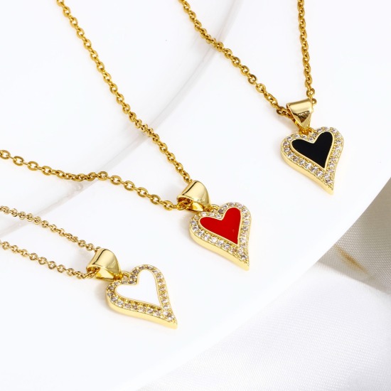 Picture of Brass Valentine's Day Charm Pendant 18K Real Gold Plated Multicolor Heart Enamel Clear Cubic Zirconia 19mm x 10.5mm