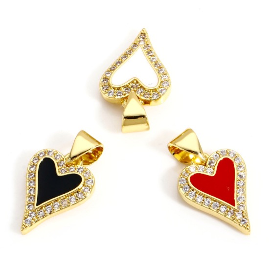 Picture of Brass Valentine's Day Charm Pendant 18K Real Gold Plated Multicolor Heart Enamel Clear Cubic Zirconia 19mm x 10.5mm