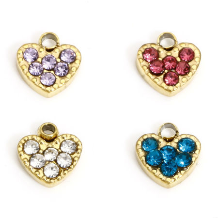 316L Stainless Steel Birthstone Charms 18K Real Gold Plated Heart Multicolor Rhinestone