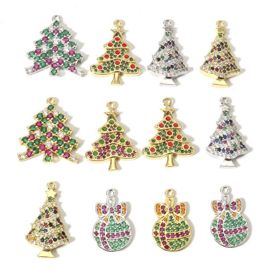 Bild von 1 Stück Messing Weihnachten Charms Bunt Weihnachten Weihnachtsbaum Weihnachtskugel Baumkugel Micro Pave Bunt Zirkonia