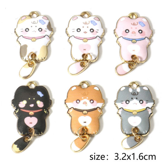 Image de 10 Pcs Pendentifs en Alliage de Zinc Doré Multicolore Chat Émail 3.2cm x 1.6cm