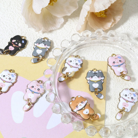Image de 10 Pcs Pendentifs en Alliage de Zinc Doré Multicolore Chat Émail 3.2cm x 1.6cm