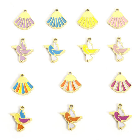 1 Pièce Breloques en 316L Acier Inoxydable Élégant Oiseau Plaqué Or Véritable 18K Multicolore Coquilles Émail