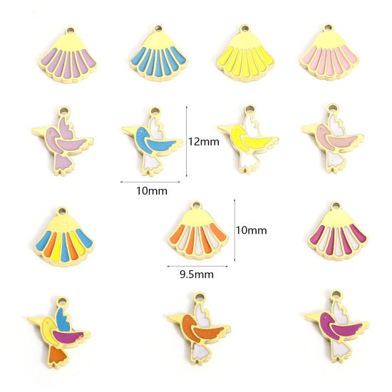 Immagine di 1 Pz 316L Acciaio inossidabile Elegante Ciondoli Uccello 18K Vero Oro Placcato Multicolore Conchiglia Smalto
