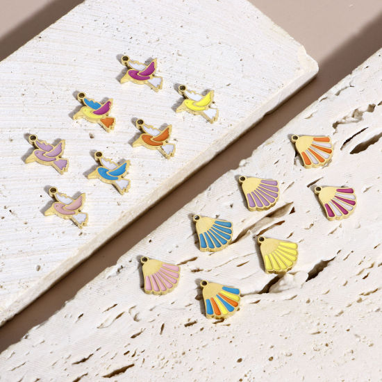 Immagine di 1 Pz 316L Acciaio inossidabile Elegante Ciondoli Uccello 18K Vero Oro Placcato Multicolore Conchiglia Smalto