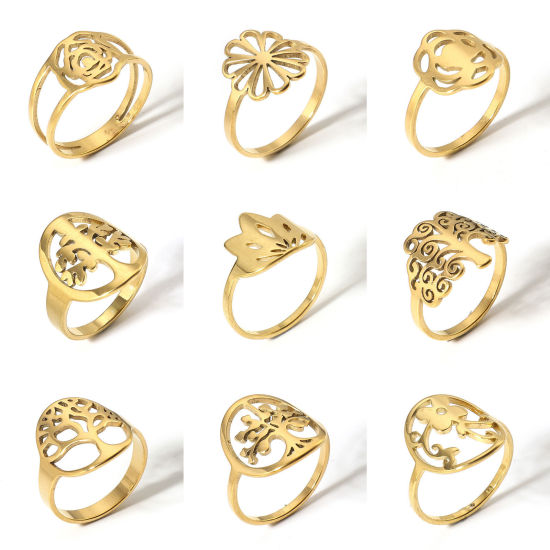 Picture of 304 Stainless Steel Unadjustable Rings Gold Plated Tree Of Life Flower