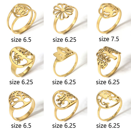 Picture of 304 Stainless Steel Unadjustable Rings Gold Plated Tree Of Life Flower