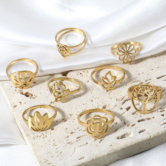 Picture of 304 Stainless Steel Unadjustable Rings Gold Plated Tree Of Life Flower