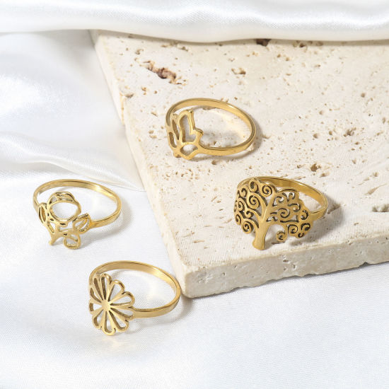 Picture of 304 Stainless Steel Unadjustable Rings Gold Plated Tree Of Life Flower