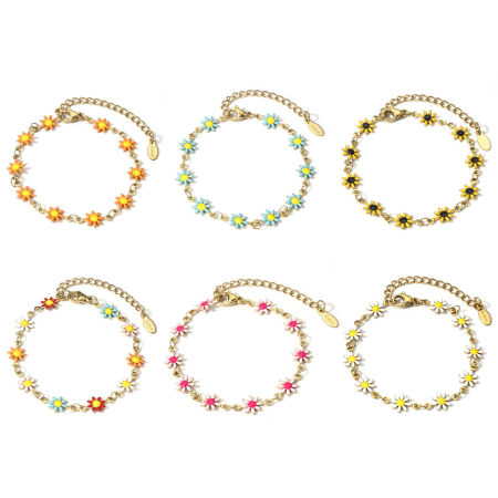 1 Unidad 304 Acero Inoxidable Cadena de Eslabones Hechos a Mano Pulseras Chapado en Oro de 18K Flor de la margarita Con Broche de Langosta y Extensor Cadena 16cm longitud