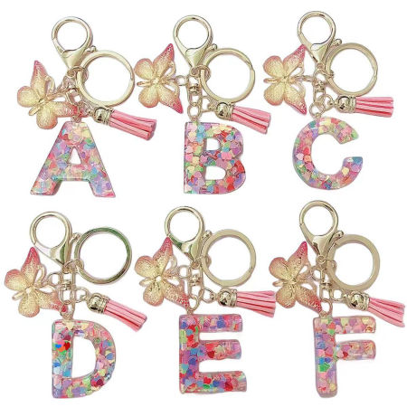 Resin Stylish Keychain & Keyring Gold Plated Pink Butterfly Animal Initial Alphabet/ Capital Letter Message " A-Z "