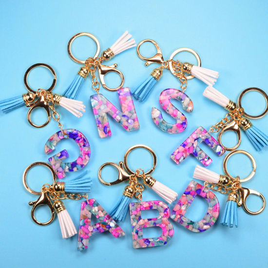 Image de 1 Pièce Porte-Clés Élégant en Résine Doré Mauve Franges Pompons Glands Alphabet Initial/ Lettre Majuscule Mots" A-Z "