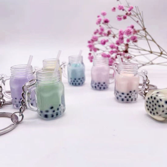 Picture of Acrylic Keychain & Keyring Silver Tone Multicolor Milk Bottle Cup Mini Simulation