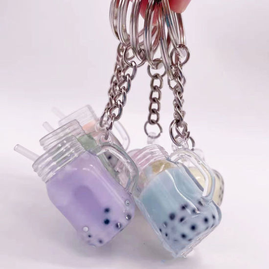 Picture of Acrylic Keychain & Keyring Silver Tone Multicolor Milk Bottle Cup Mini Simulation