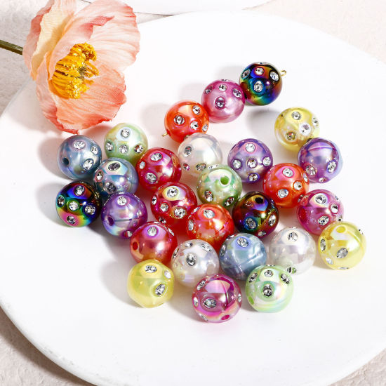 Image de 10 Pcs Perles pour DIY Fabrication de Bijoux de Charme en Acrylique Multicolore Couleur AB Rond à Strass Transparent Env. 16mm Dia, Trou: env. 2.4mm