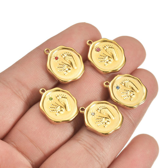 Immagine di 1 Pz 304 Acciaio Inossidabile & Strass Carino Charms Impronta del Piede Oro Placcato Stampato a Mano Multicolore Strass