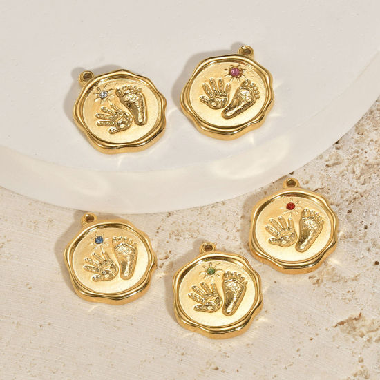 Immagine di 1 Pz 304 Acciaio Inossidabile & Strass Carino Charms Impronta del Piede Oro Placcato Stampato a Mano Multicolore Strass