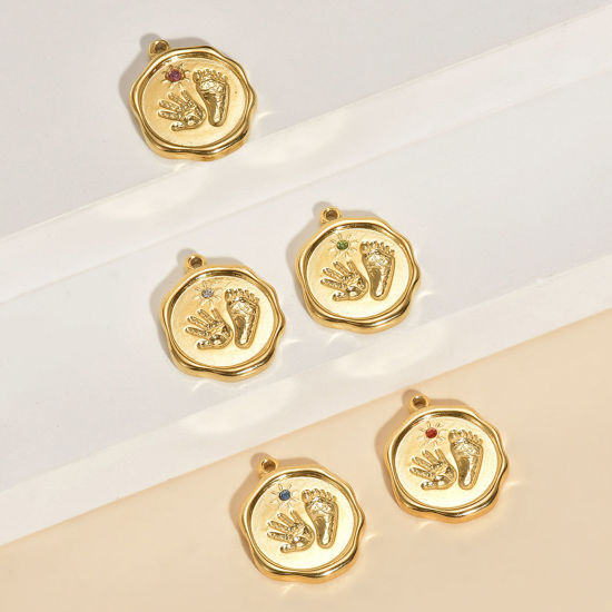 Immagine di 1 Pz 304 Acciaio Inossidabile & Strass Carino Charms Impronta del Piede Oro Placcato Stampato a Mano Multicolore Strass