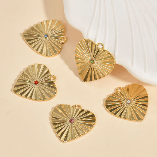 Immagine di 1 Pz 304 Acciaio Inossidabile & Strass Elegante Charms Cuore Oro Placcato Striscia Multicolore Strass