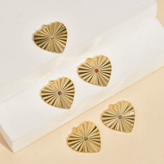 Immagine di 1 Pz 304 Acciaio Inossidabile & Strass Elegante Charms Cuore Oro Placcato Striscia Multicolore Strass