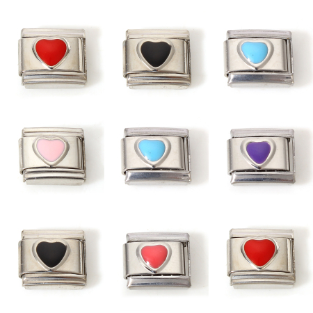304 Stainless Steel Italian Charm Links For DIY Bracelet Jewelry Making Silver Tone Multicolor Rectangle Heart Enamel 10mm x 9mm