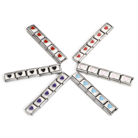 Immagine di 1 Pz 304 Acciaio Inossidabile Bracciale con Charm Italiano a Maglie, Creazione di Gioielli Fai-da-te Tono Argento Multicolore Rettangolo Cuore Smalto 10mm x 9mm