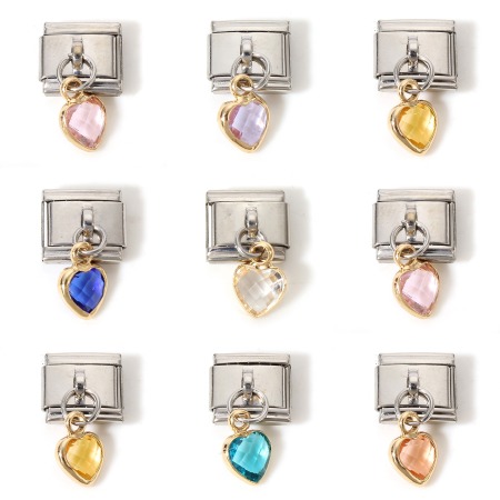 304 Stainless Steel Italian Charm Links For DIY Bracelet Jewelry Making Silver Tone Multicolor Rectangle Heart With Pendant 17mm x 10mm