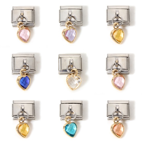 Imagen de 1 Unidad 304 Acero Inoxidable Charm Pulsera de Eslabones Italianos para Hacer Joyas DIY Tono de Plata Multicolor Rectángulo Corazón con colgante 17mm x 10mm
