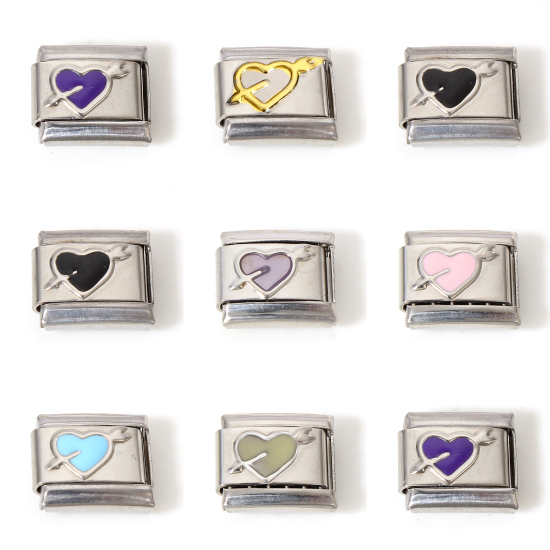 Immagine di 1 Pz 304 Acciaio Inossidabile Bracciale con Charm Italiano a Maglie, Creazione di Gioielli Fai-da-te Tono Argento Multicolore Rettangolo Una Freccia Attraverso il Cuore Smalto 10mm x 9mm