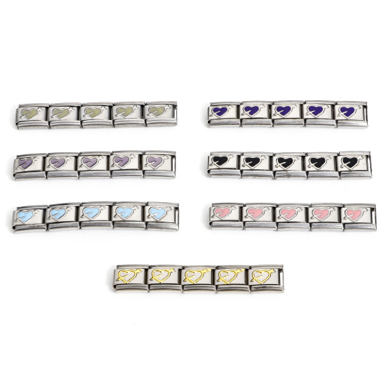 Immagine di 1 Pz 304 Acciaio Inossidabile Bracciale con Charm Italiano a Maglie, Creazione di Gioielli Fai-da-te Tono Argento Multicolore Rettangolo Una Freccia Attraverso il Cuore Smalto 10mm x 9mm