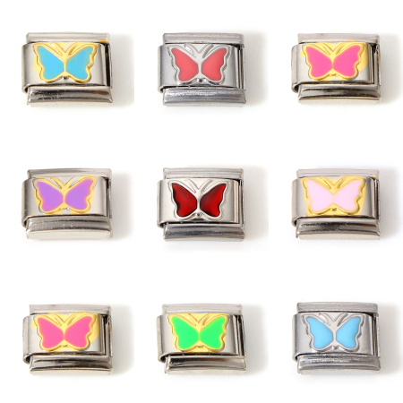 304 Stainless Steel Italian Charm Links For DIY Bracelet Jewelry Making Silver Tone Multicolor Rectangle Butterfly Enamel 10mm x 9mm
