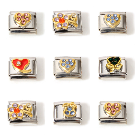 Picture of 304 Stainless Steel Italian Charm Links For DIY Bracelet Jewelry Making Silver Tone Rectangle Multicolor Rhinestone 10mm x 9mm