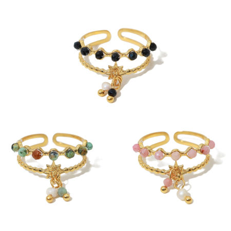 Eco-friendly Vacuum Plating Natural Pastoral Boho Chic Bohemia 18K Real Gold Plated 304 Stainless Steel & Stone Open Tassel Star Rings For Women Party