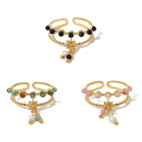 Imagen de 1 Unidad Enchapado al Vacío Ecológico Pastoral Natural Bohemia 18K Oro Real Chapado 304 Acero Inoxidable & Piedra Abierto Panícula Estrella Anillos Para Mujeres Fiesta