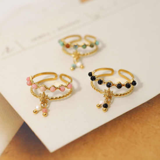 Imagen de 1 Unidad Enchapado al Vacío Ecológico Pastoral Natural Bohemia 18K Oro Real Chapado 304 Acero Inoxidable & Piedra Abierto Panícula Estrella Anillos Para Mujeres Fiesta