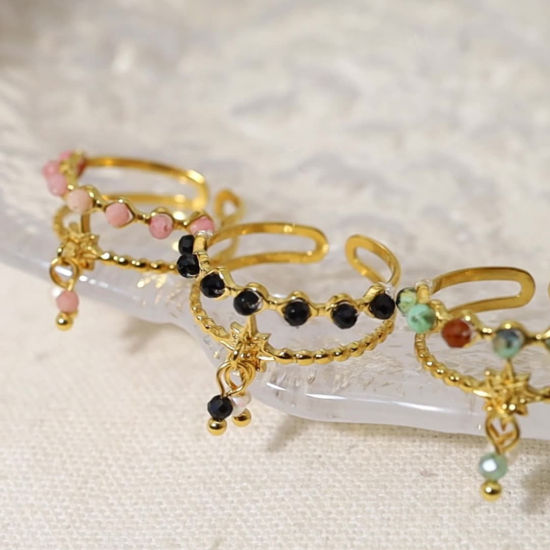 Imagen de 1 Unidad Enchapado al Vacío Ecológico Pastoral Natural Bohemia 18K Oro Real Chapado 304 Acero Inoxidable & Piedra Abierto Panícula Estrella Anillos Para Mujeres Fiesta
