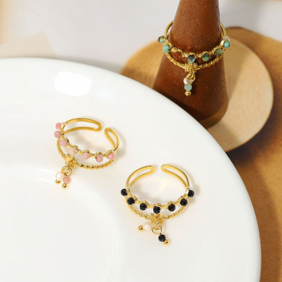 Imagen de 1 Unidad Enchapado al Vacío Ecológico Pastoral Natural Bohemia 18K Oro Real Chapado 304 Acero Inoxidable & Piedra Abierto Panícula Estrella Anillos Para Mujeres Fiesta
