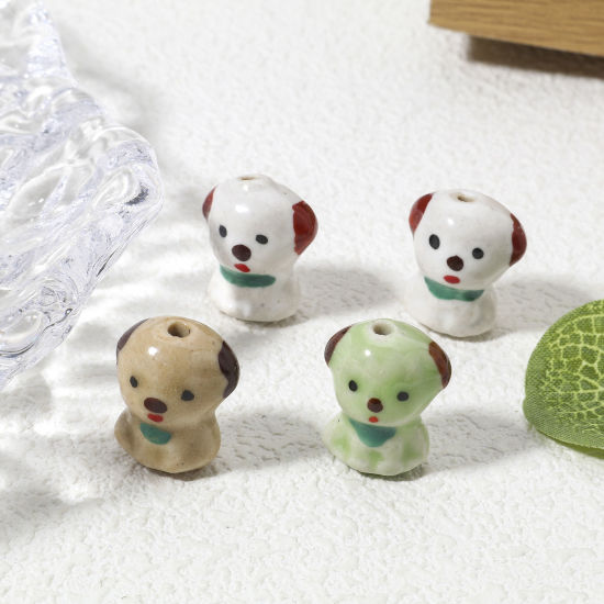 Picture of Ceramic Beads For DIY Jewelry Making Dog Animal Multicolor 3D About 19mm x 15mm