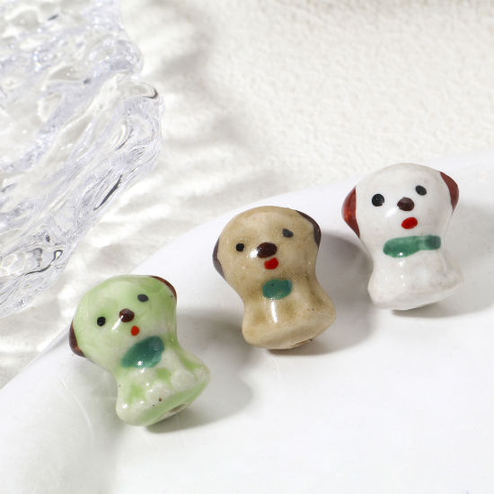 Picture of Ceramic Beads For DIY Jewelry Making Dog Animal Multicolor 3D About 19mm x 15mm