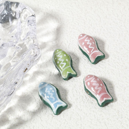Picture of Ceramic Ocean Jewelry Beads For DIY Jewelry Making Fish Animal Multicolor Ripple About 22mm x 11mm