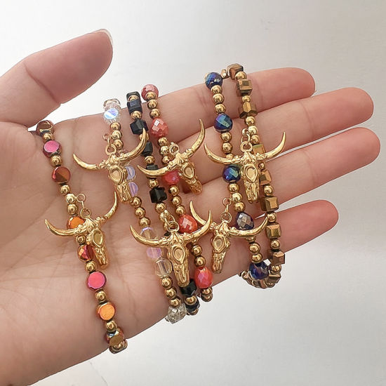 Picture of Eco-friendly Stylish Retro 18K Gold Plated Multicolor 304 Stainless Steel & Lampwork Glass Ball Chain Bull Head/ Cow Head Beaded Charm Bracelets For Women Party