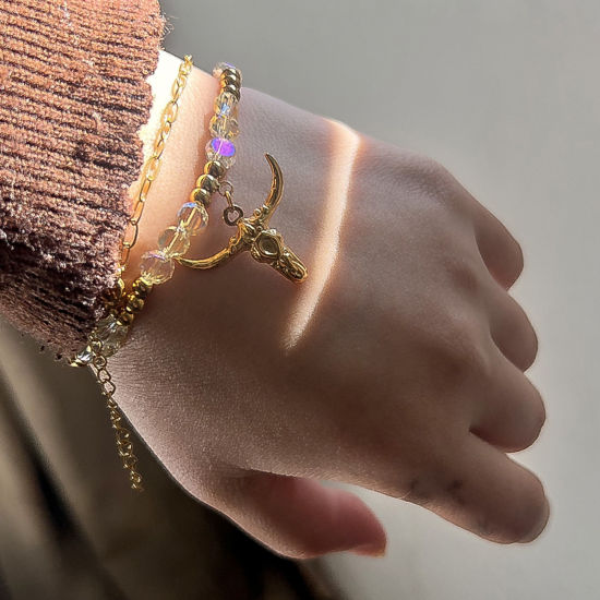 Picture of Eco-friendly Stylish Retro 18K Gold Plated Multicolor 304 Stainless Steel & Lampwork Glass Ball Chain Bull Head/ Cow Head Beaded Charm Bracelets For Women Party